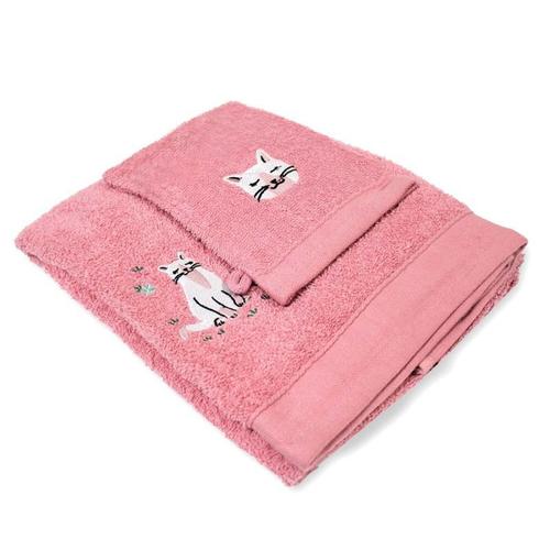 Set Gant & Drap De Douche "Chaton" 70x130cm Rose