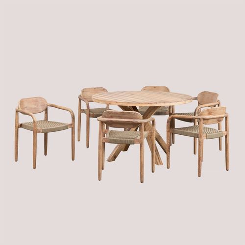 Ensemble Table Ronde (Ø120 Cm) Et 6 Chaises Avec Accoudoirs En Bois Naele Tapioca Beige