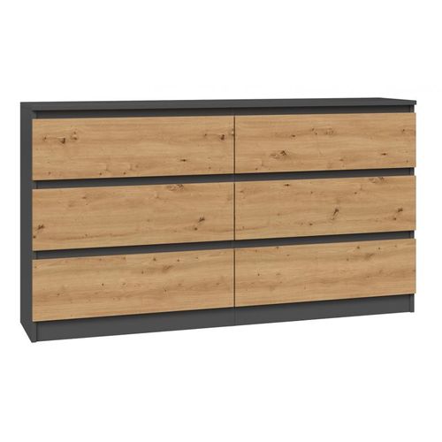 Aster - Commode Large Chambre Salon Bureau - 6 Tiroirs - 138x40x77cm - 6 Tiroirs - Style Scandinave - Gris&chênegris Anthracite&chêne