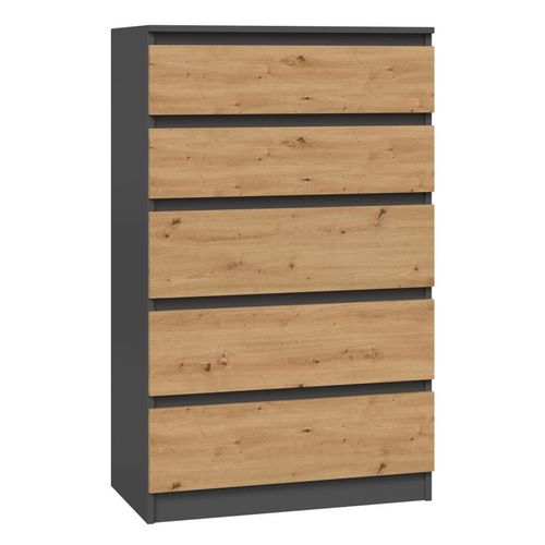 Milan - Commode Moderne 5 Tiroirs - 70x40x112 Cm - Meuble De Rangement - Style Scandinave - Gris&chêne