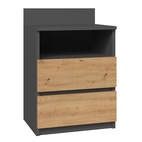 Aster T1 - Table De Chevet Avec 2 Tiroirs - 59x40x32 Cm - Table De Nuit - Style Scandinave - Gris&chêne