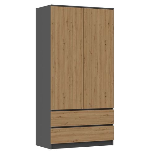 Turin - Armoire De Chambre Style Moderne - Penderie Multifonctions - 2 Portes + 2 Tiroirs - Dressing - Gris&chêne