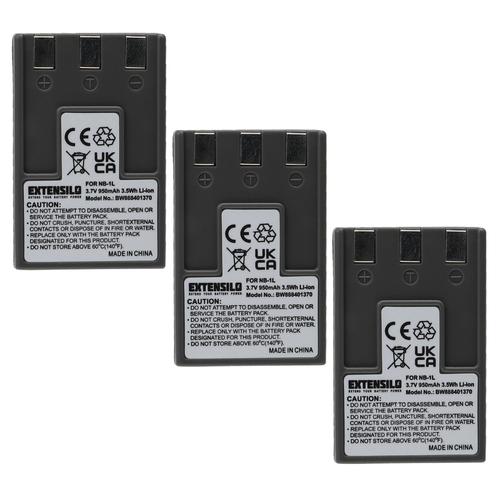 EXTENSILO 3x Batteries remplacement pour Canon NB-1L, NB-1LH pour appareil photo, reflex numérique (950mAh, 3,7V, Li-ion)