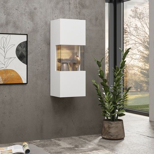 Petite Vitrine Suspendue 1 Porte Partiellement Vitrée Collection Eva. Couleur Blanc Et Chêne.