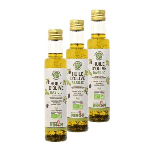 Lot 3x Huile D¿Olive Extra Vierge Basilic Bio - Bouteille 250ml