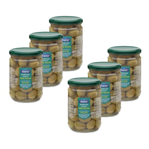 Lot 6x Olive Verte Entière Goût Anchois - Bocal 420g