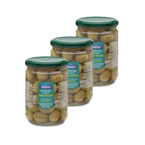 Lot 3x Olive Verte Entière Goût Anchois - Bocal 420g