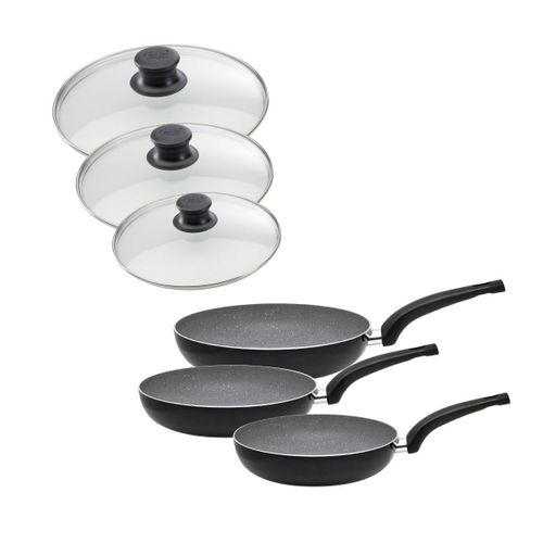 Elo 9992050 Ensemble 3 Poêles À Frire Anti-Adhésive Avec 3 Couvercles, Poêles De Cuisine, Poêles De Cuisson, Sauteuse De Cuisine, Aluminium, Verre, Gris, Noir, 20 Cm, 24 Cm, 28 Cm