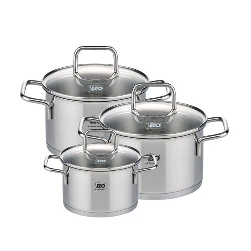 Elo 9993550 Set De 3 Faitouts En Inox De 12, 16 Et 20 Cm, Faitouts Avec Couvercles En Verre, Marmites, Casseroles, Faitouts, Acier Inoxydable, Verre, 12 Cm, 16 Cm 20 Cm
