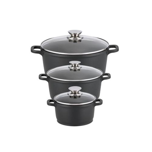 Elo 9993150 Set De 3 Faitouts À Induction 16 Cm 20 Cm 24 Cm, Faitout Induction, Marmite En Fonte, Faitout En Fonte, Casserole, Fonte D'aluminium, Verre, Noir, 16 Cm, 20 Cm, 24 Cm