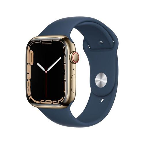 Apple Watch Series 7 (Gps + Cellular) - Boîtier 45 Mm Acier Inoxydable Doré Avec Bracelet Sport Bleu Abyssal