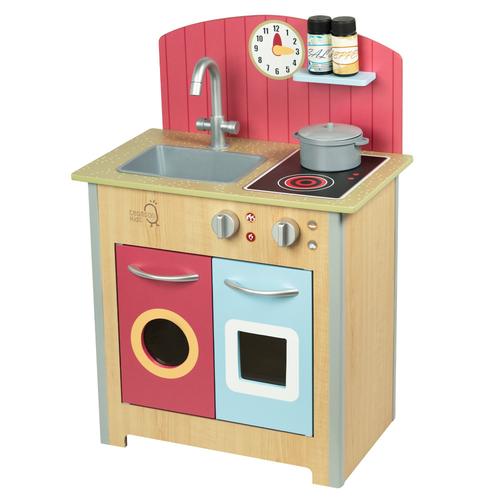 Cuisine Enfant En Bois Dinette Avec 4 Accessoires Rouge Bleu Naturel Teamson Kids Porto Td-13595a