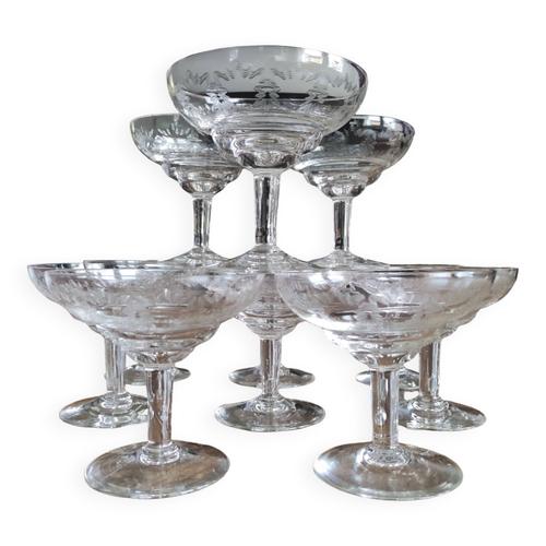 Lot De 11 Coupes Champagne Dbut 20e En Cristal Lger Cisel Transparent