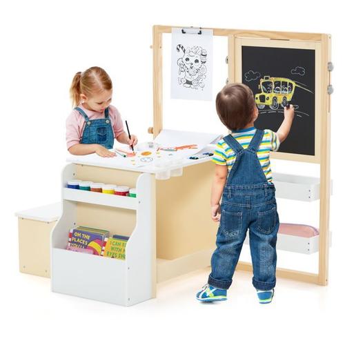 Costway Table Enfant 4 En 1 Avec Tabouret, Table 2 Face Blanc & Noir, Rouleau De Papier -11 Accessoires - Multi Rangement, Blanc