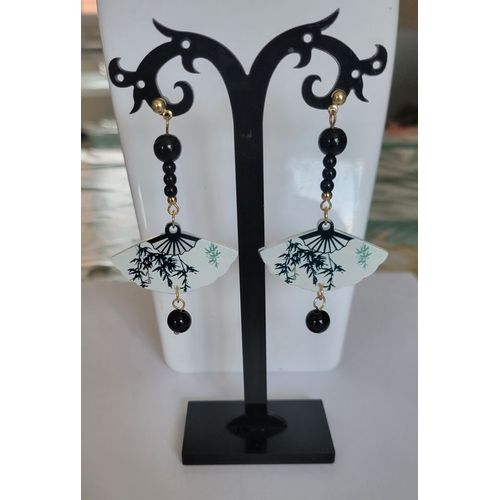 Boucles D'oreilles Eventail Perles Noires !