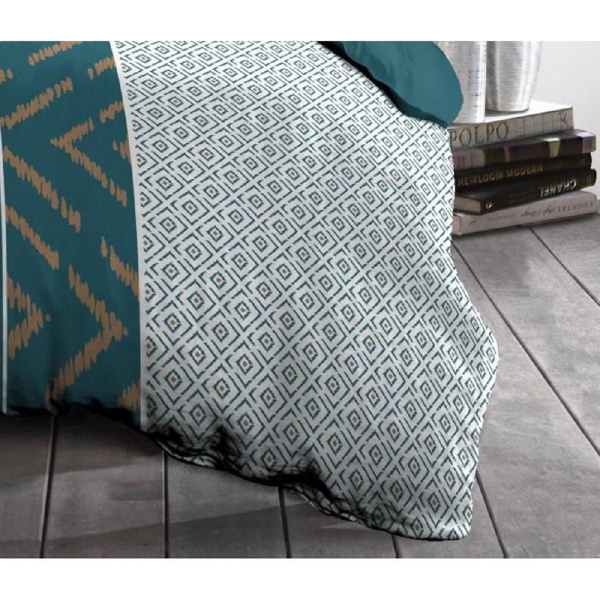 Parure De Couette Microfibre Ethno - 1 Housse De Couette 140x200 Cm + 1 Taie D'oreiller 63x63 Cm - Bleu Canard - Home Linge Passion