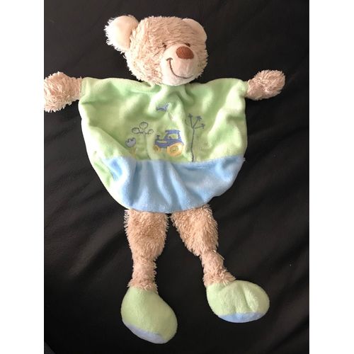 Doudou Plat Arrondi Tex Carrefour Ours Bleu Et Vert Tracteur 25cm