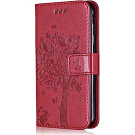 Coque Pour Galaxy J3 2017, Etui En Cuir Pu Portefeuille, Antichoc Flip Case Housse Rétro Emboss Série De Chat Et D'arbre Pour Samsung Galaxy J3 2017 - Rouge