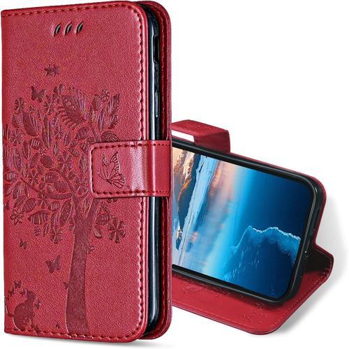 Coque Pour Xiaomi Redmi 9c / Redmi 10a, Etui Protection Housse Premium En Cuir Pu, Antichoc Étui À Rabat Portefeuille Flip Case Pour Xiaomi Redmi 10a / 9c (Rouge)