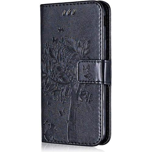 Coque Pour Samsung Galaxy A30s, Etui En Cuir Pu Portefeuille, Antichoc Flip Case Housse Rétro Emboss Série De Chat Et D'arbre Pour Samsung Galaxy A30s - Noir