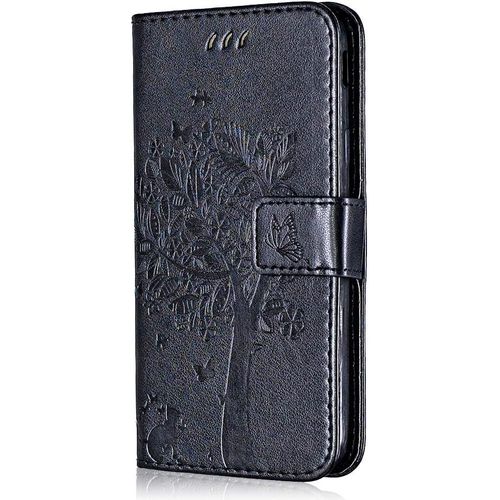 Coque Pour Samsung Galaxy Note 5, Etui En Cuir Pu Portefeuille, Antichoc Flip Case Housse Rétro Emboss Série De Chat Et D'arbre Pour Samsung Galaxy Note 5 - Noir