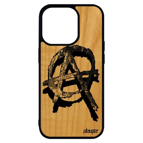 Coque Iphone 14 Pro Max En Bois Silicone Anarchie Revolution Etui Gris Hardrock Metal Tague Punk Street Art Smartphone Graff
