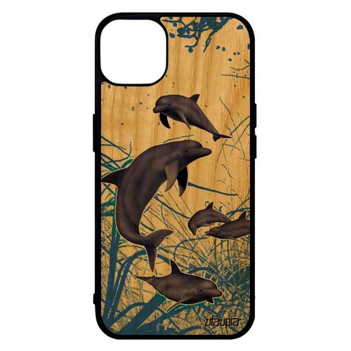 Coque Dauphin Iphone 14 En Bois Silicone Ocean Telephone Bumper Mer Marsouin Smartphone Animaux De Protection Algue Portable