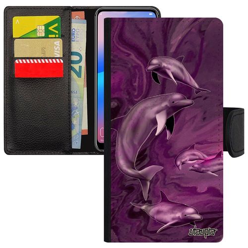 Coque Telephone Iphone 14 Portefeuille Dauphin Aimantée Marbre Peinture Ocean Noir Marsouin Animaux Cover Smartphone Design De