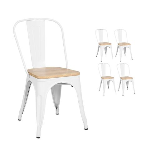 Kosmi - Lot De 4 Chaises Blanches En Métal Et Bois Clair Style Industriel Factory En Métal Blanc Mat Et Assise En Bois Clair