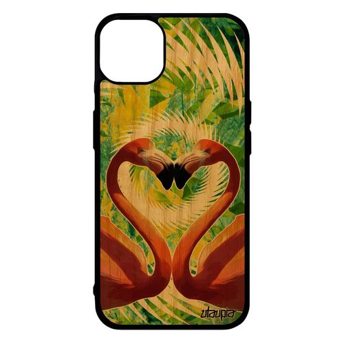 Coque Bois Pour Iphone 14+ Plus Silicone Flamand Rose Bumper CUr Love Case Design Portable Animaux Rigide Nature Amour Fleurs