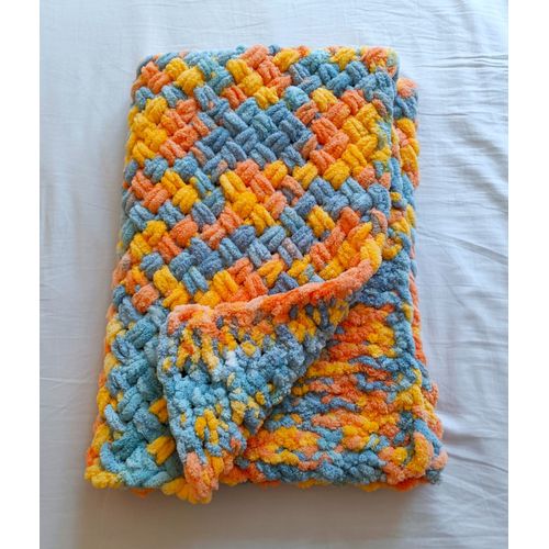 Couverture Multicolore Orange Bleu Et Corail Pour Bebe Ou Jeune Enfant. 94 X 64 Cm. Fait Main. Oeko Tex 100