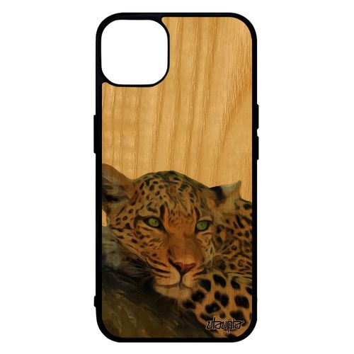 Coque Bois Silicone Pour Iphone 14 Leopard Guepard Jaguar Marron Fauve Afrique Animaux Nature Predateur Design Jolie Sauvage