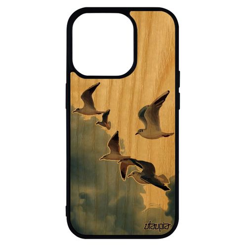 Coque Silicone Iphone 14 Pro En Bois Oiseaux Mouettes Portable 4g Nature Telephone Souple Ciel Mer Marin De Protection Beige