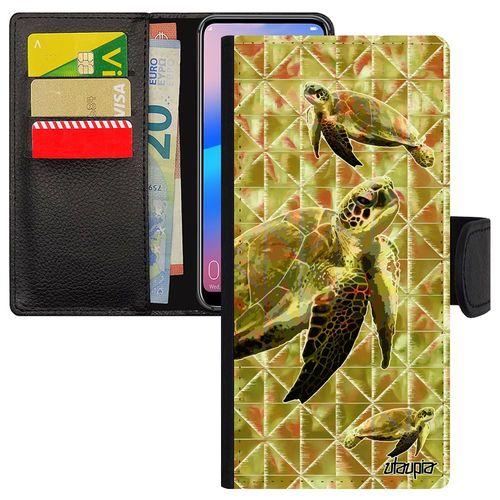 Coque Tortue Rabat Pour Iphone 14+ Plus Simili Cuir Portefeuille Porte Cartes Geante Dessin Vert Graphique Design Etui Marine