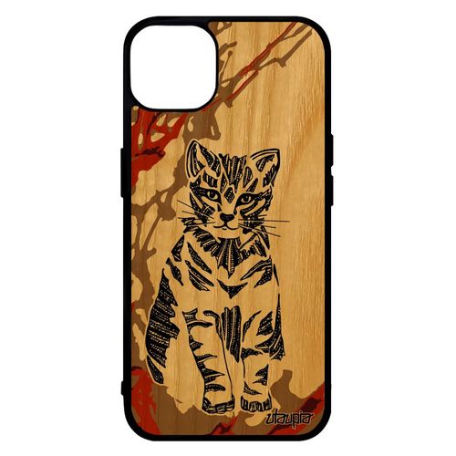 Coque Chat Pour Iphone 14 En Bois Silicone Marron Chaton Motif Dessin Animal Mignon Ethnique Housse Art 512 Go Portable Petit