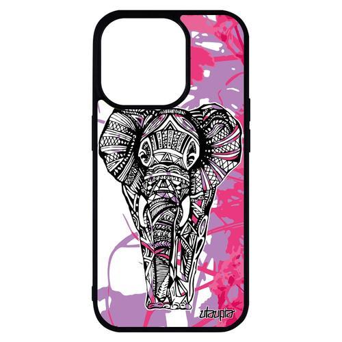 Coque Iphone 14 Pro Max Silicone Elephant Telephone Portable Fleur Azteque Animal Sagesse Femme Dessin D'afrique Feuilles Rose