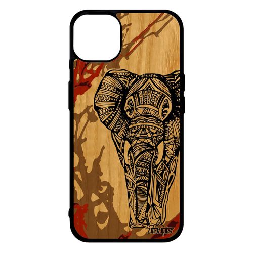 Coque En Bois Iphone 14+ Plus Silicone Elephant Marron Animal Antichoc Art Azteque Ethnique Smartphone Dessin Tribal Graphique