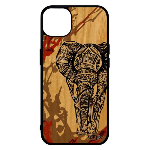 Coque Iphone 14 Bois Silicone Elephant Unique Case Ganesh Antichoc Marron Art Graphique Ethnique Azteque Smartphone Motif De