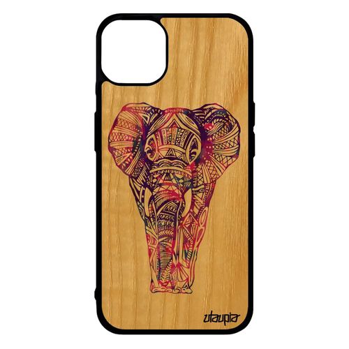 Coque Silicone Pour Iphone 14+ Plus Bois Veritable Elephant Noir De Protection Pastel Violet Dessin Animaux Multicolore Tribal