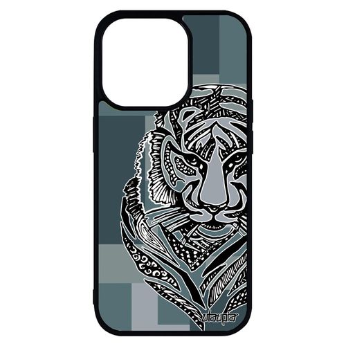 Coque Silicone Iphone 14 Pro Max Tigre Dessin 4g Telephone Geometrique Case Portable Ethnique Animal Feroce Azteque Fauve Gris