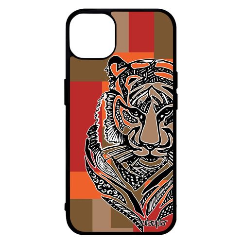 Coque Silicone Iphone 14 Tigre Tasmanie Felin Carré Motif Cube Marron Azteque Antichoc Fauve Rigide Jolie Tribal Housse Dessin