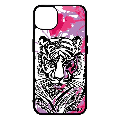 Coque Iphone 14+ Plus Silicone Tigre Azteque Dessin Fantaisie Fauve Fleur Tribal Etui Predateur Rose Bengal Metal Fille Nature