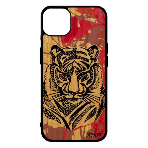Coque Silicone Iphone 14+ Plus Bois Tigre Bengal Mobile Ethnique Fille Dessin Fauve Tribal Cover Animal Fantaisie Rose Nature