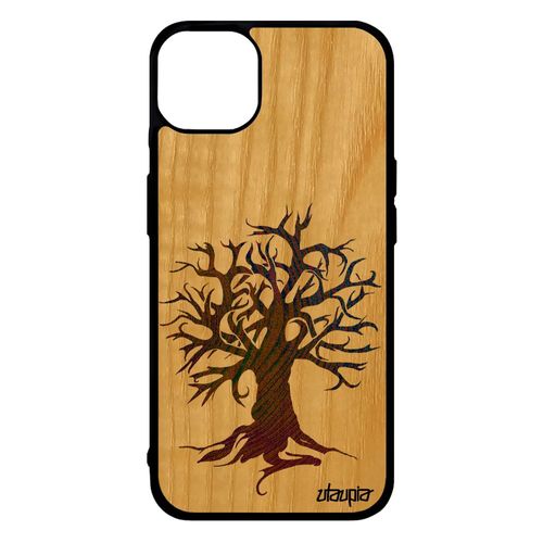 Coque Iphone 14+ Plus Bois Naturel Silicone Peinture Arbre De Vie Art De Protection Housse Ecolo Jaune Rigide Made In France