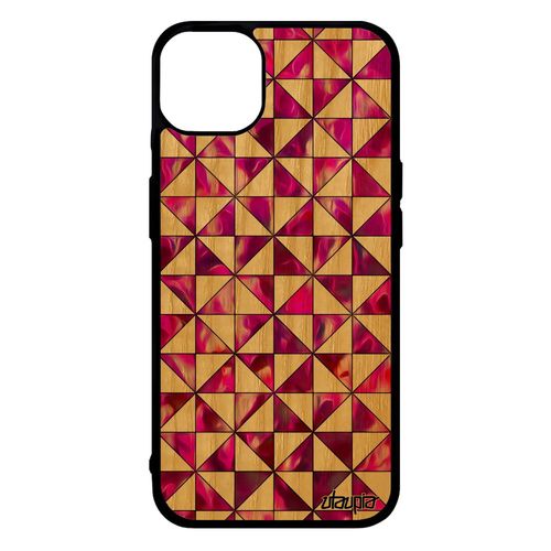 Coque Iphone 14+ Plus En Bois Et Silicone Design Carreau Geometrie Artisanat Etui Portable Smartphone Losange Rose Motif Fond