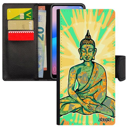 Coque Iphone 14 Pro Max Portefeuille Porte Cartes Bouddha Telephone Assis Etui Vert Magnetique Illustration Graphique Inde Zen