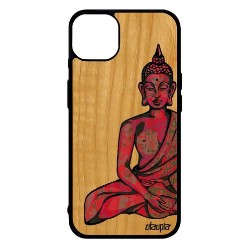 Coque Bouddha Iphone 14+ Plus Bois Silicone Personnalisé Zen Case Image Rose Portable Design Hindou Graphique Assis Tibet De
