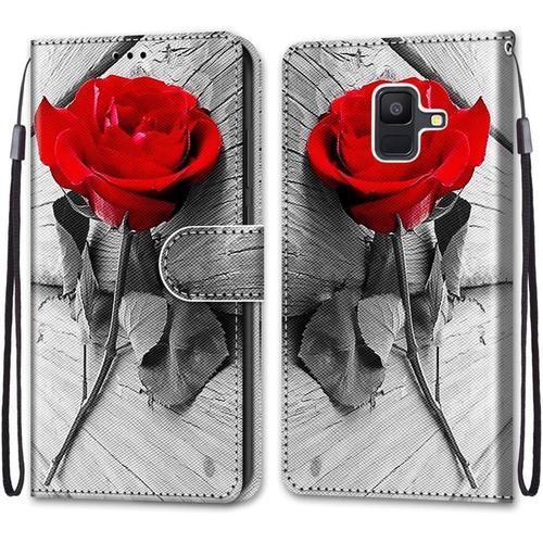 Etui À Rabat En Pu Cuir Pour Samsung A6 2018 Flip Portefeuille Coque De Protection Avec Motif Charmant Pochette En Simili Cuir Carte Fentes Coque Pour Samsung Galaxy A6 2018 5.6"",Rose Rouge