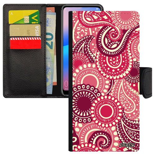 Coque Pour Iphone 14+ Plus Cuir Portefeuille Motif Cachemire Fantaisie Indienne Solide 4g Paisley Rose Magnetique Impression