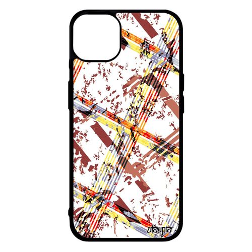 Coque Carreau Tartan Pour Iphone 14+ Plus Silicone Mobile Effet Metal Jolie Etui Fond Marron Motif Design Carre Made In France